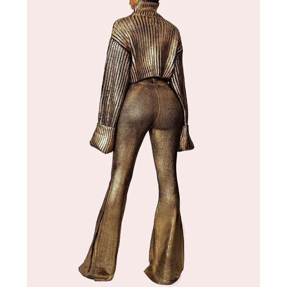 Hanifa XS Gold Metallic Knit Cropped Turtleneck Bell Sleeve Sweater NWT - Picture 2 of 12